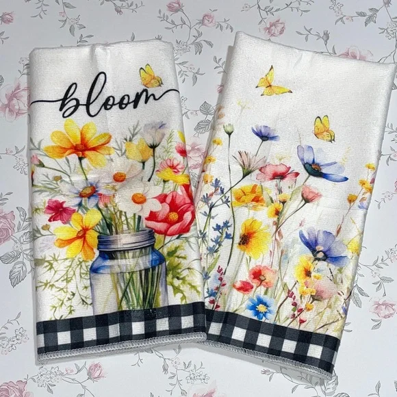 Floral Micofiber Kitchen Towels with Bloom Design 18” W x 26” H