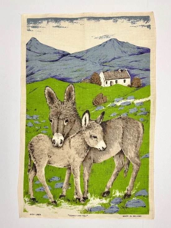 New Vintage Irish Linen Tea Towel Donkey and Foal 20x30