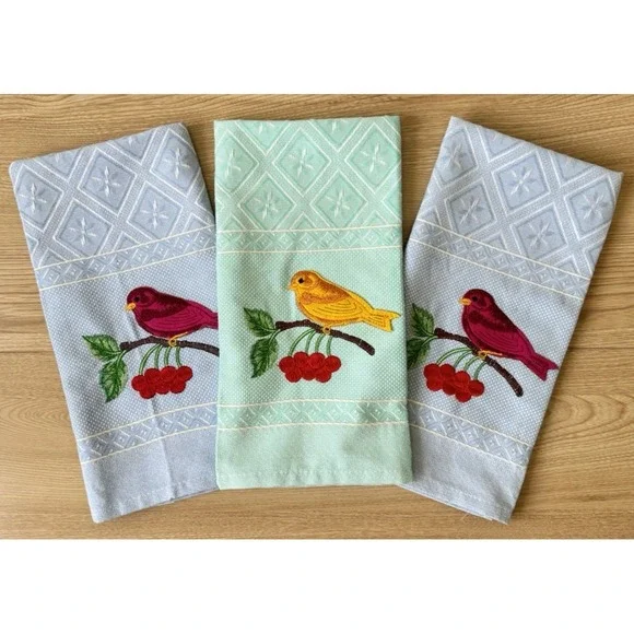 Embroidered Bird Cherry Guest Towels Set 3 Made Portugal Cotton