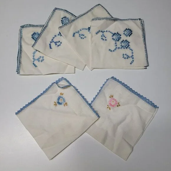 Embroidered‎ Napkin Vintage Linen Handmade Flowers Stitched Blue 10 Inch Blue