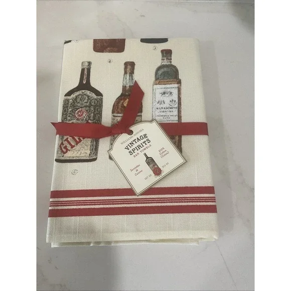 WILLIAMS SONOMA TEA TOWELS BAR VINTAGE SPIRITS SET OF TWO 100% COTTON Dish Cloth