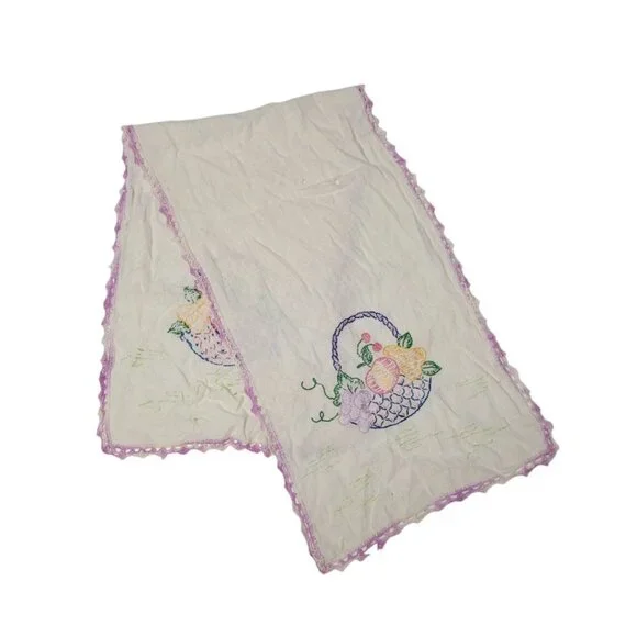 Embroidered Table Runner Small Vintage Linen Fruit Basket 36 Inch Edge‎ Handmade