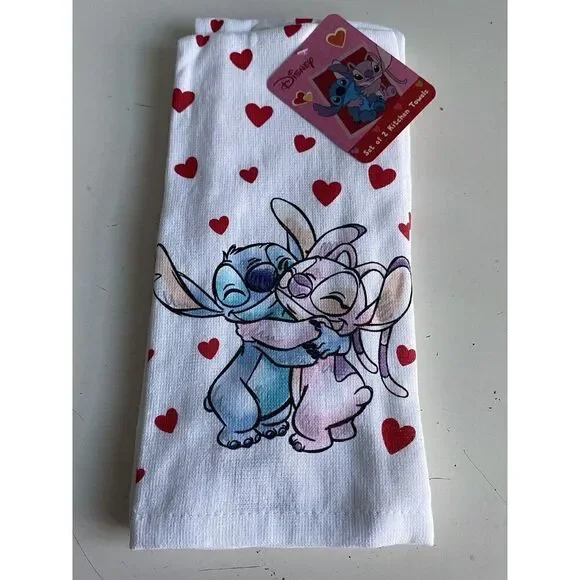 2 Pack Disney Stitch And Angel Kitchen Towels Hearts Valentine's Day‎ Love NEW