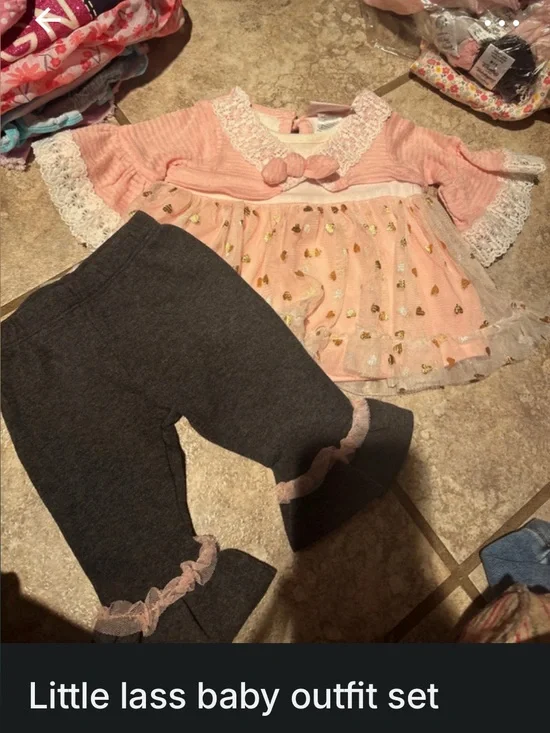 Little Lass Pink Tulle Top with Gold Hearts & Charcoal Ruffle Leggings