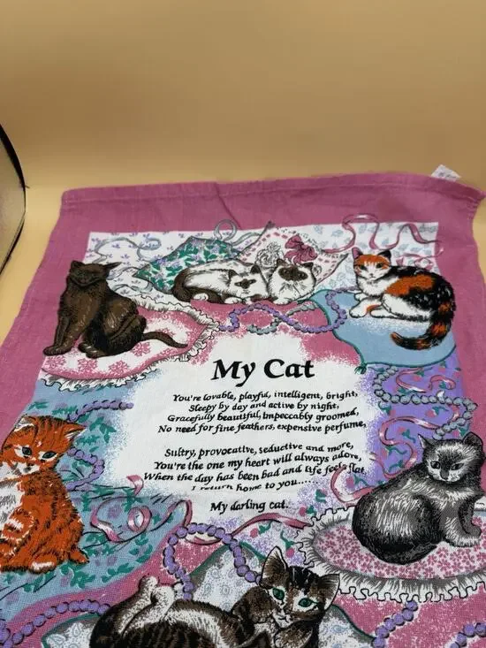 Vintage Pink Cat Kitchen Towel My Cat Poem Cotton Tea Towel 17x27