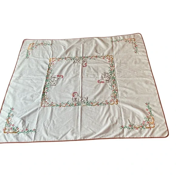 Vintage Hand‎ Embroidered Tablecloth Chickens Eggs Farmhouse Cottagecore 36x38