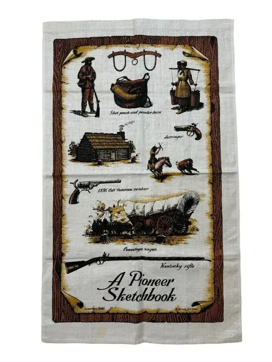 Vintage A Pioneer Sketchbook Linen Tea Towel Kay Dee Western Wagon Brown Tan