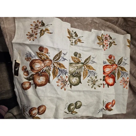 Vintage Pure Linen Tea Towels Set of 3 Fruit Floral Harvest Brown Green Orange