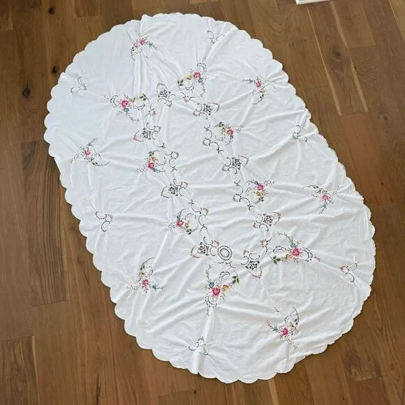 Vintage Embroidered Cross Stitch White Floral Battenberg Lace Oval Tablecloth 93