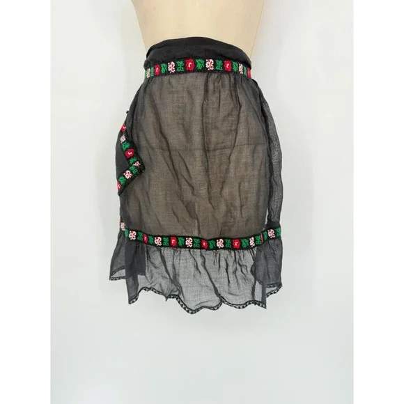 Vintage Sheer Black Embroidered Folk Apron Skirt Overlay Floral Trim Cottagecore