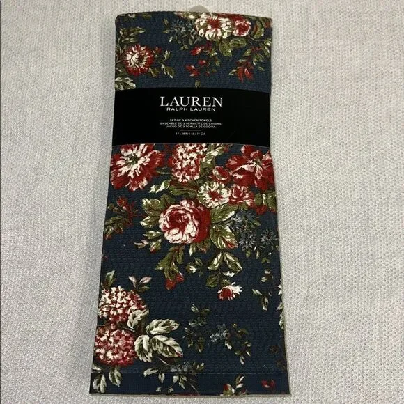 LRL Navy Floral Green Terrycloth Cotton Dish Kitchen Towels