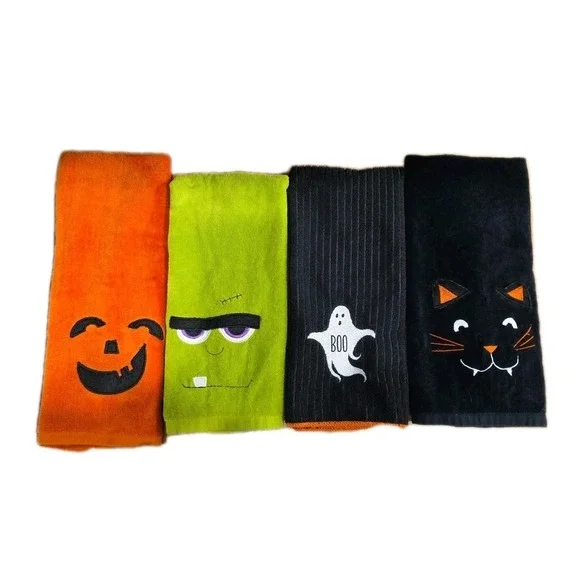 Set Of 4 Halloween‎ Kitchen Dish Towels, Ghost,Pumpkin, Cat & Monster EXCELLENT