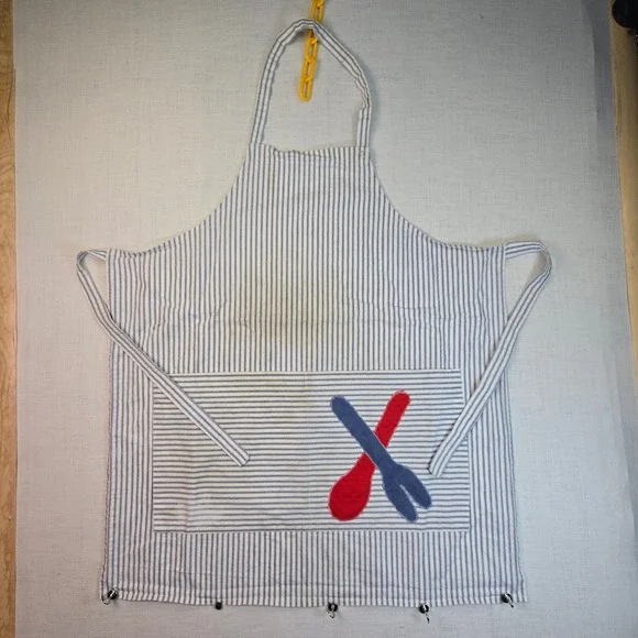 VTG Handmade Hickory Stripe Apron Applique Blue White‎ Utensils Cooking Pockets