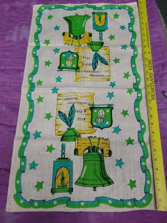 TEA TOWEL HAND AMERICAN INDEPENDENCE BELL GEORGE WASHINGTON TAN TURQUOISE GREEN