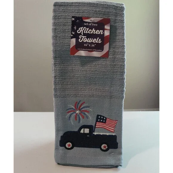 Patriotic Kitchen Towels Set of Two Fireworks Flag and Truck Embroidered 100% Co
