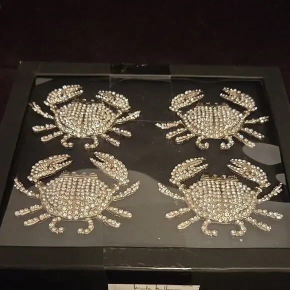Nicole Miller Home Crab Pattern Silver Metal Napkin Rings Set of 4 Rhinestones
