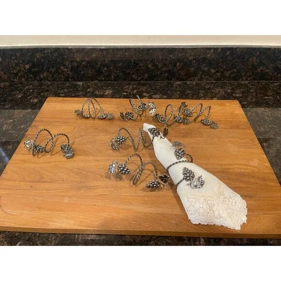 8 PEWTER GRAPE VINE Wine NAPKIN RINGS