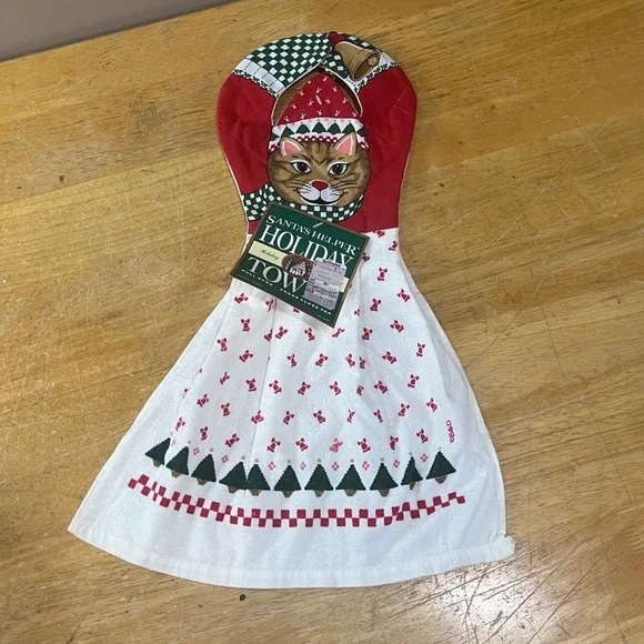 Vtg B&D Christmas Cat Hanging Kitchen Towel Santa's Helper Kitsch Jingle Bell