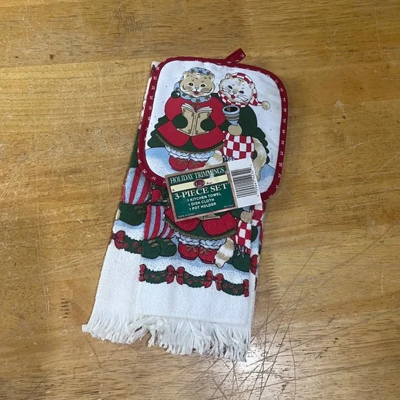 Vtg Holiday Trimmings Caroling Cats 3pc Kitchen Towel Dish Cloth Pot Holder Set