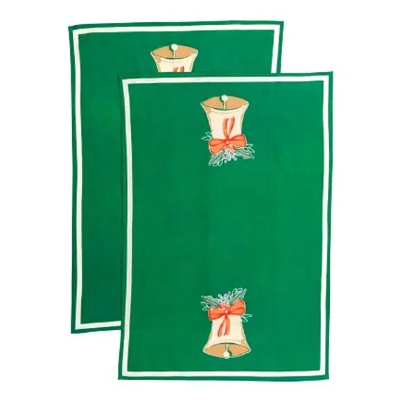 MAHOGANY Set of 2 Holiday Jingle Bell Flour Sack Kitchen Towels Christmas Green