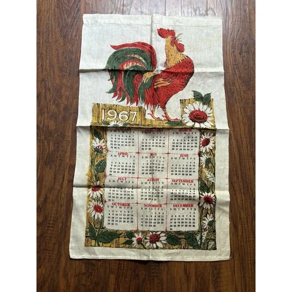 Vintage 1967 Calendar Tea Towel Colorful Rooster Flowers Tan Linen Kitchen 16x27