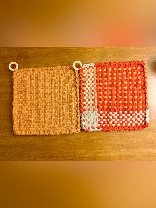 Woven Cotton Pot Holder Set in Orange and Cream