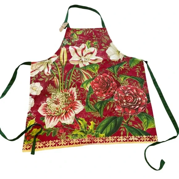 Michel Design Works Kitchen Apron Floral Red Green White‎ Flowers Holly Berries
