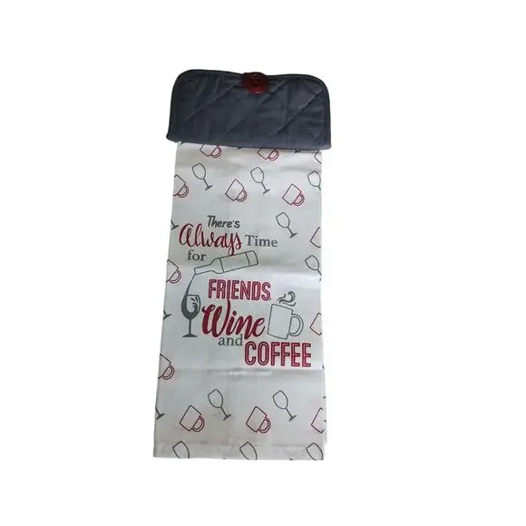 Handmade Wine & Friends Kitchen Towel Home Decor Hanging Friendship Gray Coffee