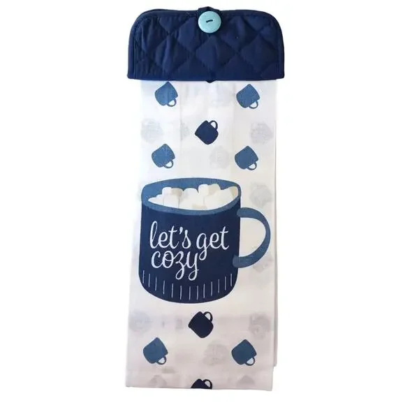Handmade Lets Get Cozy Kitchen Hand Towel Blue White Winter Christmas Holidays
