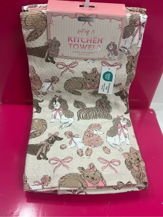 Envogue Pink & Cream Dog-Print Kitchen Towels - Set of 3