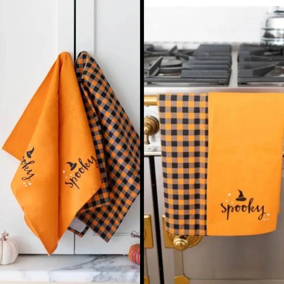 Dish Towels Halloween Set Of 2 Spooky Orange &‎ Black Kitchen Towels NWT