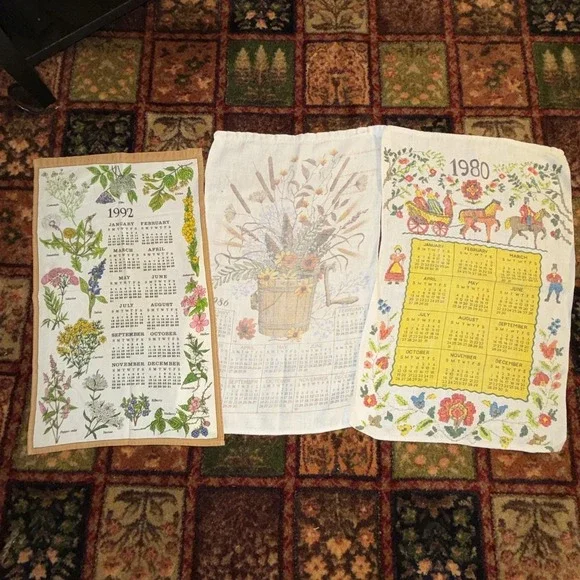 Lot of 3 (1980 & 1986&92) Vintage Linen Calendar Tea Towels Cottagecore