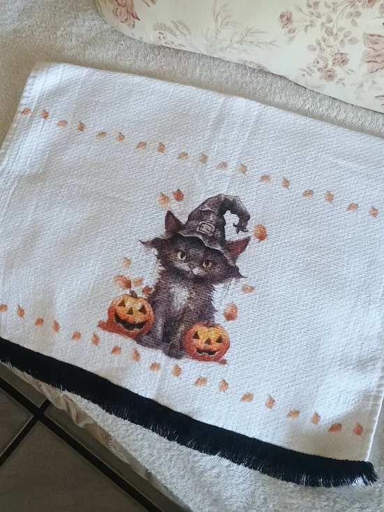 Black Cat Kitchen Towel - White with Orange Accents