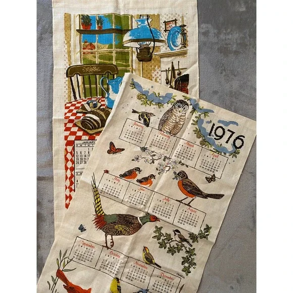 Textilimpex Linen Calendar Tea Towels 1975 1976 Birds‎ Bountiful Table Retro VTG