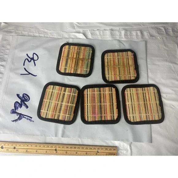 Set of 5 Square Bamboo Coasters Black Trim Natural Woven Wood Drink‎ Mats