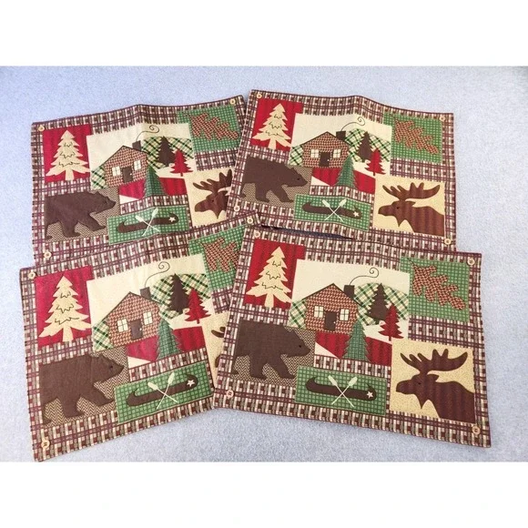 Set of 4 Patchwork Embroidered Placemats Rustic Cabin Cottagecore‎ Bear Moose