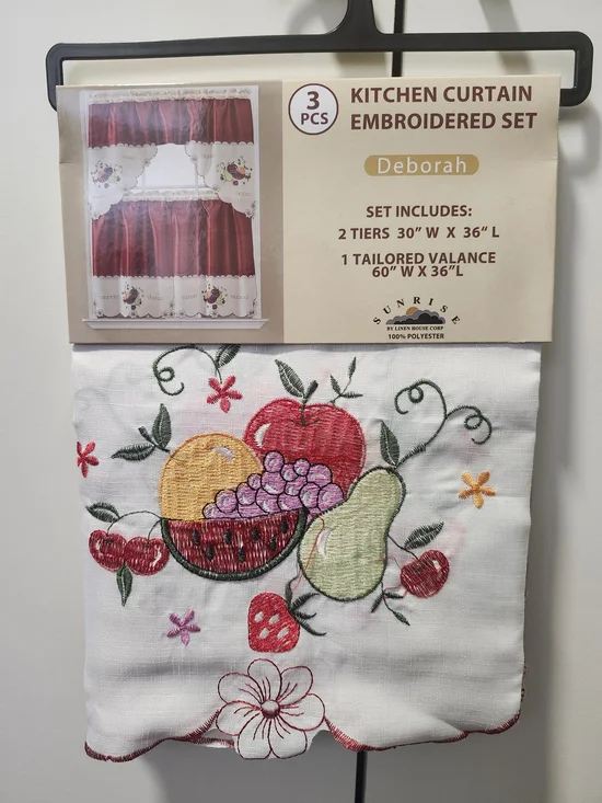 Kitchen Curtain Embroidered Set - White with Multicolor Fruit Embroidery