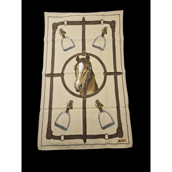 Beauville Horse Stirrups Bridal Patterned Cotton Linen Hand Tea Towel 19x32 EUC‎