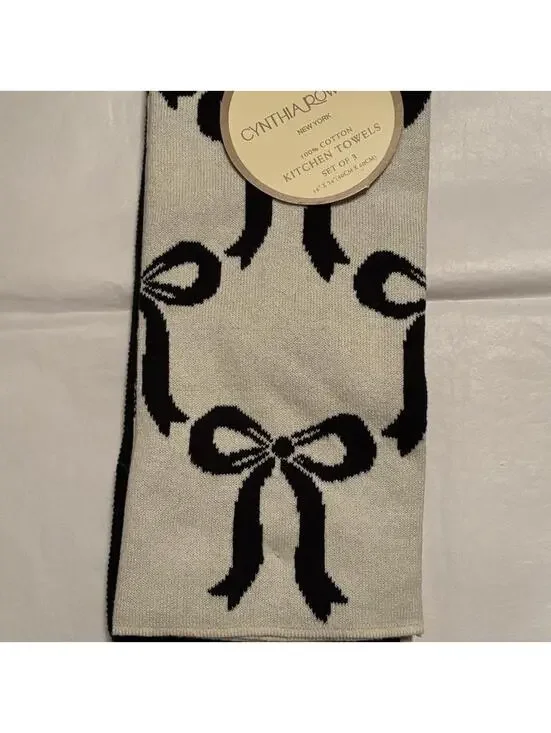 Cynthia Rowley 100% Cotton Kitchen Towels Set of 3, Black and White Bow Pattern