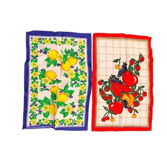 Vintage‎ Fruit Kitchen Tea Towels Set of 2 Lemons Watermelon Berries 100% Cotton