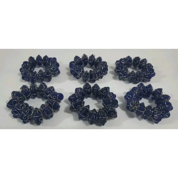 Vintage‎ Blue Stone and Wire Napkin Rings set of 6 Abstract Bohemian Summer Fall
