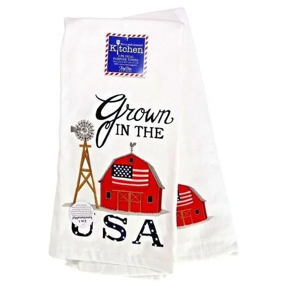 Grown in the USA Kitchen Towels Patriotic American Flag Red Barn Cotton 2pc Gift