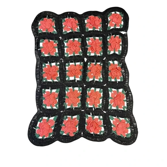 Crochet Small Runner Black With Red Roses