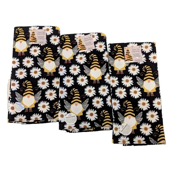 SAVE THE GNOMES Kitchen Towels 3-pc Honey Bee Gnome & Daisy Kay Dee Designs Gift