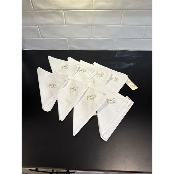 NEW VTG Embroidered Cloth Luncheon Tea Napkins Set Of 8‎ Flower White Cotton