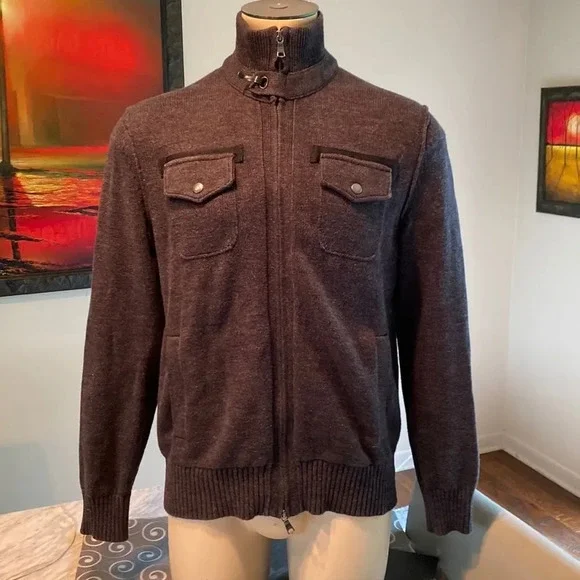Banana Republic Men Medium knit sweater dark grey cuffed waist wrists pockets