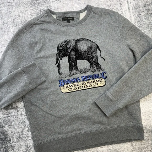 Banana Republic Sweatshirt Mens Large Gray Safari Elephant Heritage Terry Crew