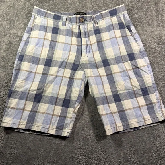 Banana Republic Aiden Short Mens 31 Blue White Plaid Cotton Flat Front Shorts