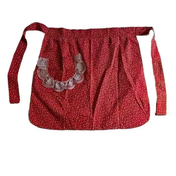 Vintage Red Floral Half Apron with Lace Ruffle Pocket