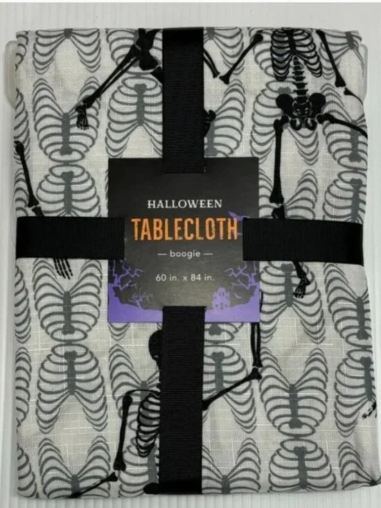 Halloween Tablecloth Cloth White Black Gray Dancing Skeletons Oblong 60